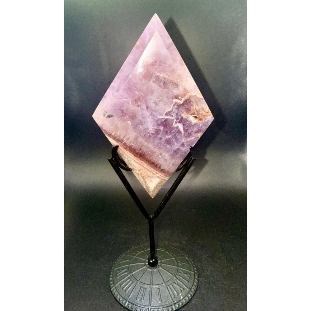 Amethyst Diamond Crystal Freeform Polished Purple Stone w/Zodiac Stand 5”